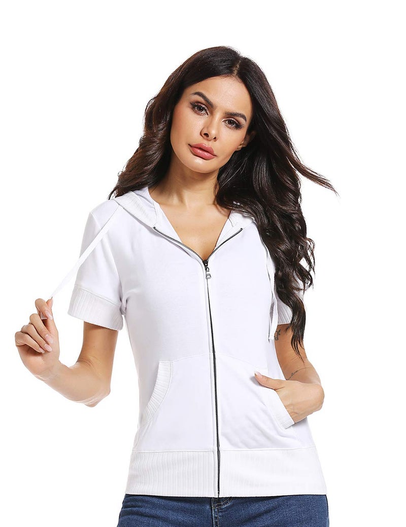 MISS MOLY Women's Short Sleeve Hoodie Full Zip Up Thin Cotton Slim Fit Sweatshirt Kanga Pocket White 2XL - Image 1